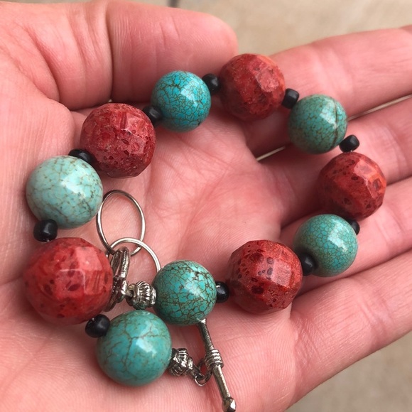 Sterling Silver Red Coral And Stabilized Turquoise Bead Toggle Bracelet - Picture 4 of 7
